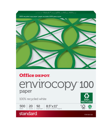 Office Depot FSC Certif EnviroCopy Paper, 100% Recycled, 20lb, 92 (US)/104  (Euro) Brightness, 